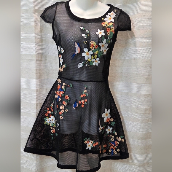 Guess Dresses & Skirts - Guess Lyana Mesh Dress Women's Size XS Black Floral Embroidered Fit & Flare